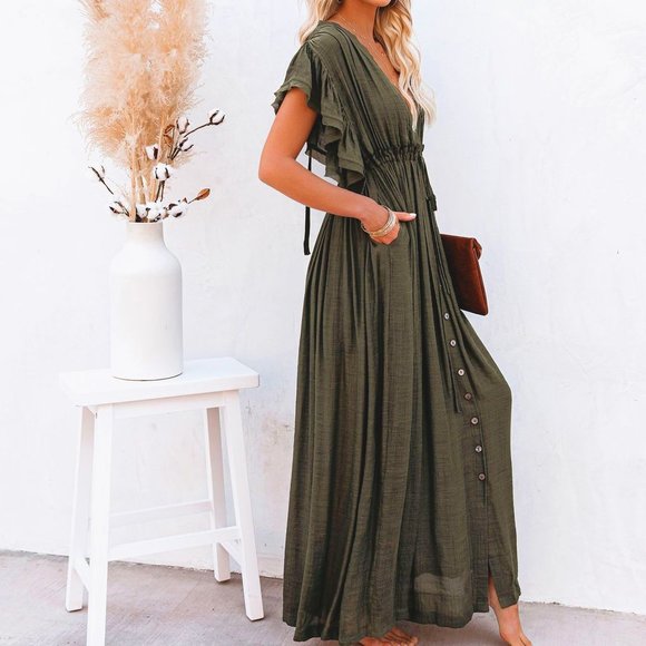 New Bohemian Long Olive Gauze Maxi Summer Dress - Picture 2 of 11